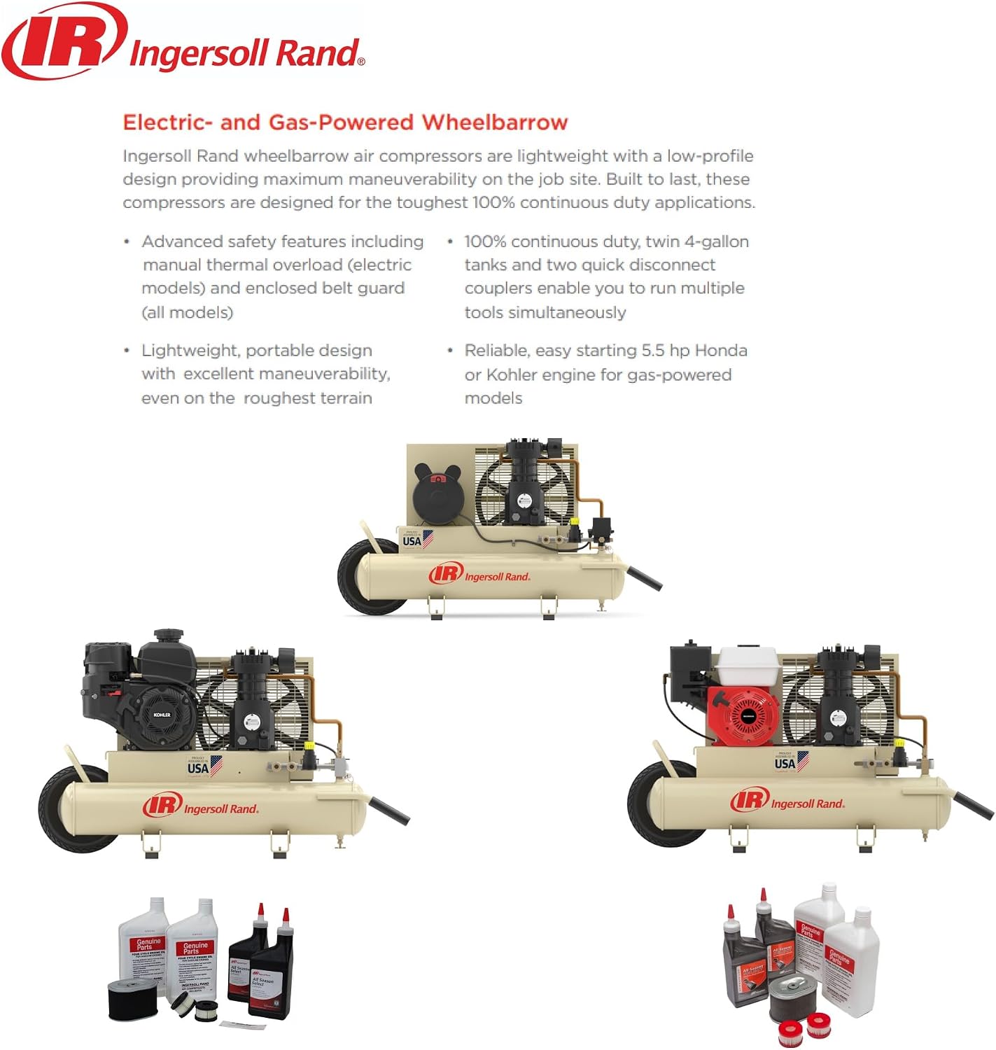 Ingersoll-Rand SS3J5.5GH-WB 5.5 Horsepower 8 Gallon Oiled Gas Twin Pontoon Compressor
