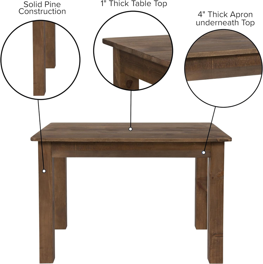 Merrick Lane Jessamine 46' x 30' Rectangular Rustic Solid Pine Farm Dining Table, Antique Farmhouse Wooden Dining Table for Kitchens and Parties, Antique Rustic