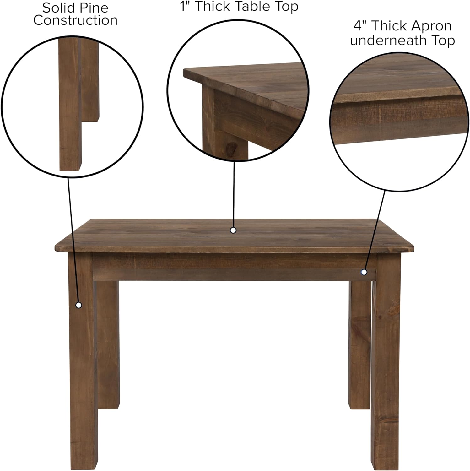 Merrick Lane Jessamine 46' x 30' Rectangular Rustic Solid Pine Farm Dining Table, Antique Farmhouse Wooden Dining Table for Kitchens and Parties, Antique Rustic