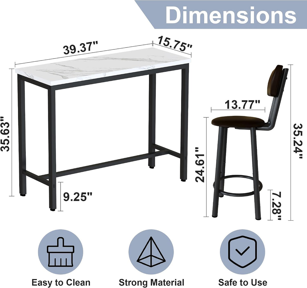 AWQM 3 Piece Bar Table Set of 2,39.3' Pub Bar Table and Chairs Set,Faux Marble Bar Height Table with 2 Backrest Stools,Small Dining Table for 2,Kitchen Table Set for Small Space,White & Brown