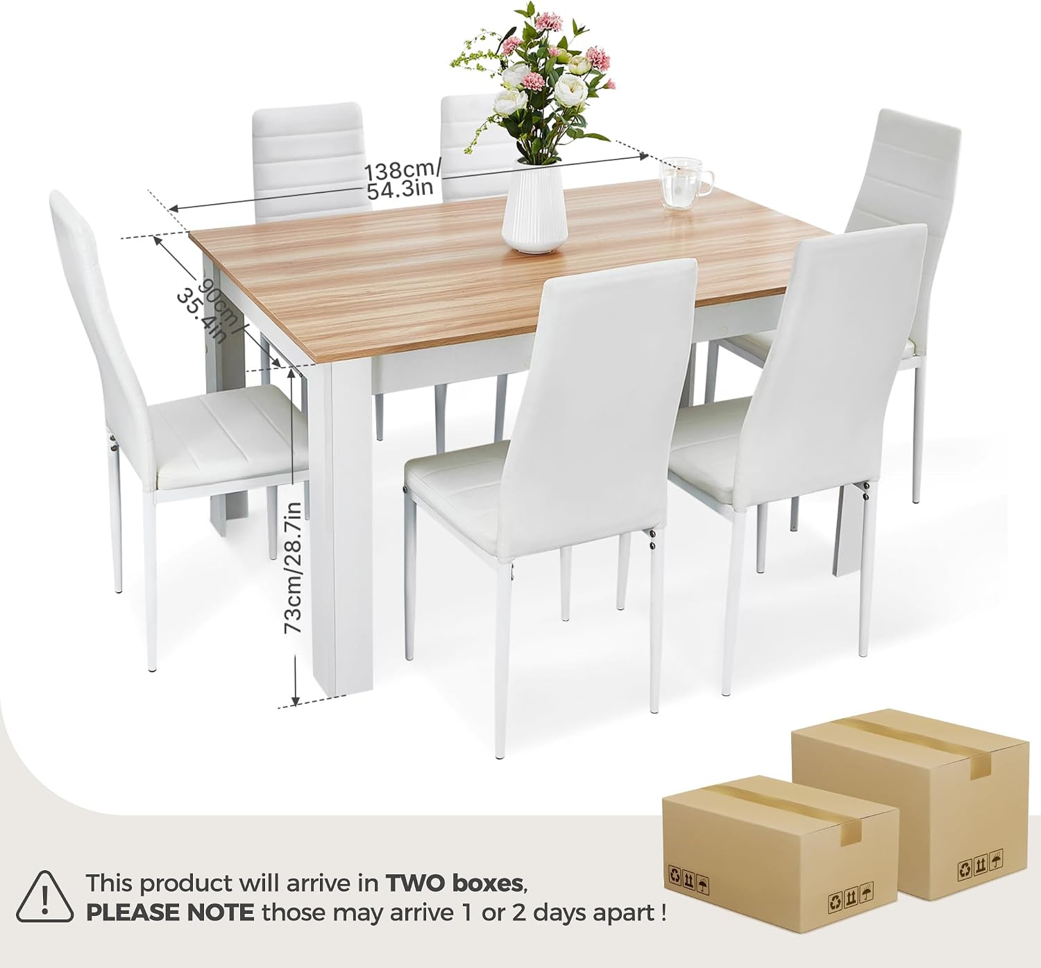 Mondeer Dining Table and Chairs Set 6, 7 Pieces Kitchen Table Set with High Back Faux Leather Chair for Dining Room Kitchen Rectangular Modern (Oak Table White Chairs)