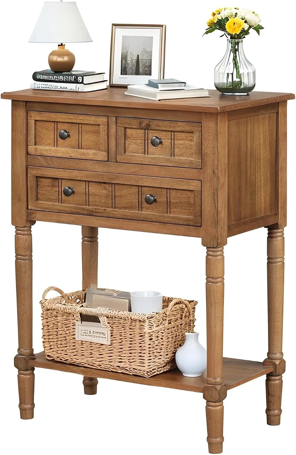 LKTART Small Solid Wood Sofa Table,Console Table with Drawers and Bottom Shelf, Entryway Hallway Foyer Entry Table for Living Room(23.7' Natural)