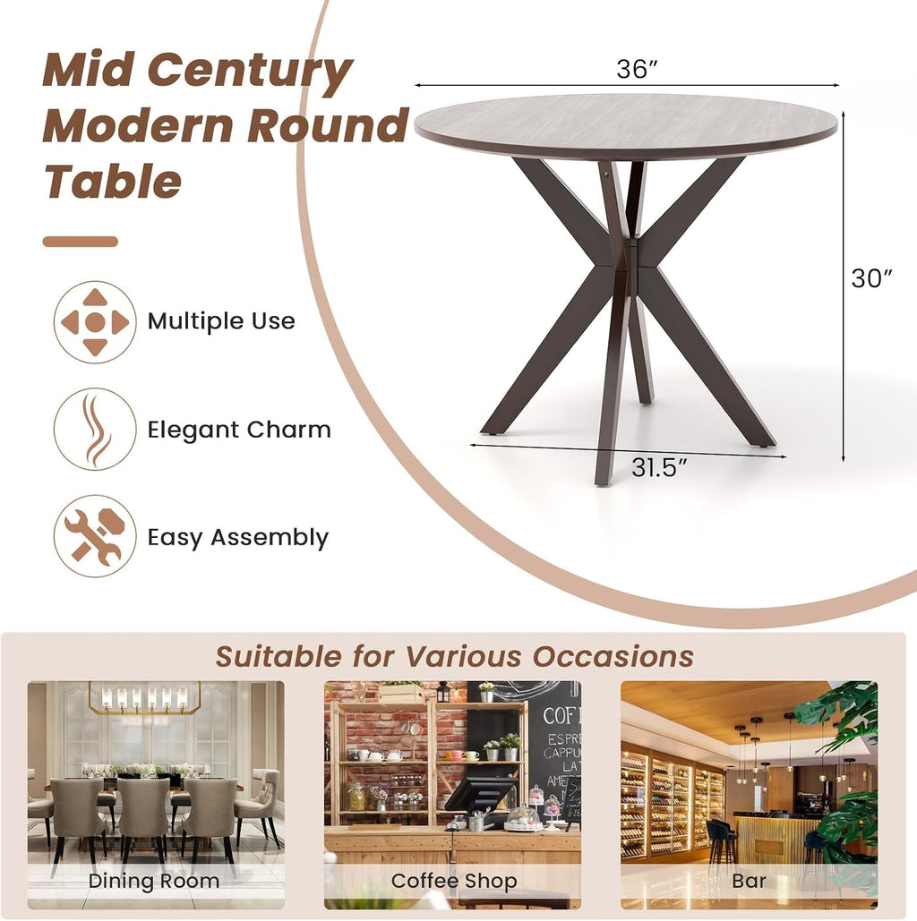 Giantex 36' Round Wood Dining Table, Farmhouse Kitchen Table with Intersecting Pedestal Base & Solid Rubber Wood Legs, Vintage Coffee Tables for Dinette, Small Spaces, Restaurant, Brown