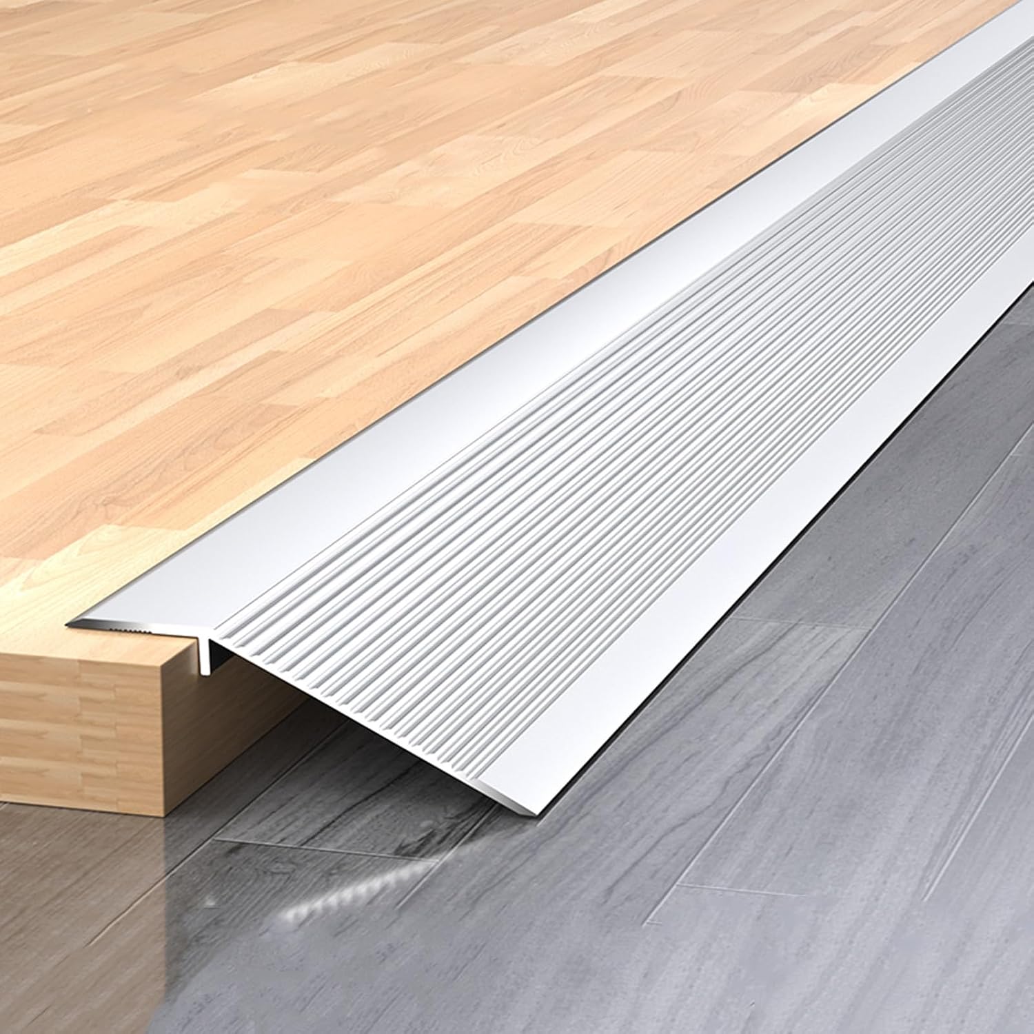 Threshold Ramps for Doorways, 4 Inch Floor Transition Strip Wood to Tile, Height Gap Between 0.4-1.4 Inch, Aluminum Floor Transition Threshold Strip for Carpet/Entry Door/Tile/Threshold/Wheelchair(Sil