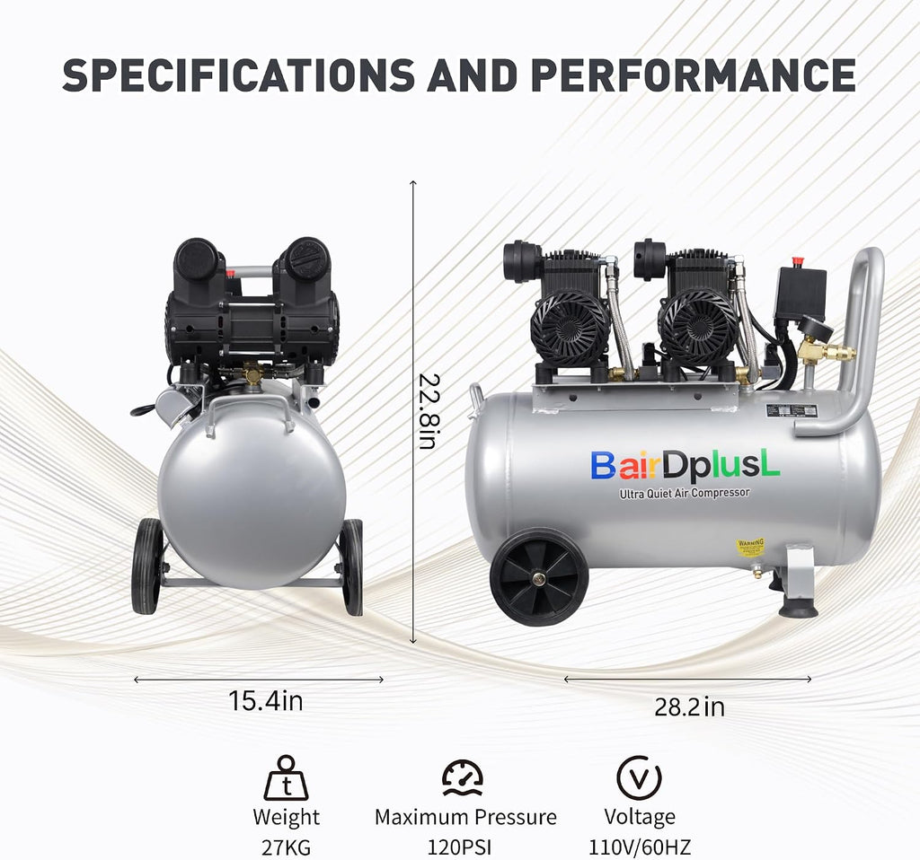 BairDplusL 14.5 Gallon Ultra Quiet Air Compressor 110V/60Hz 1.5HP 8.8CFM MAX 115PSI Steel Tanks Oil-Free 70dB Noise Level Light & Quiet Portable Air Compressor with Wheels for Auto Repair