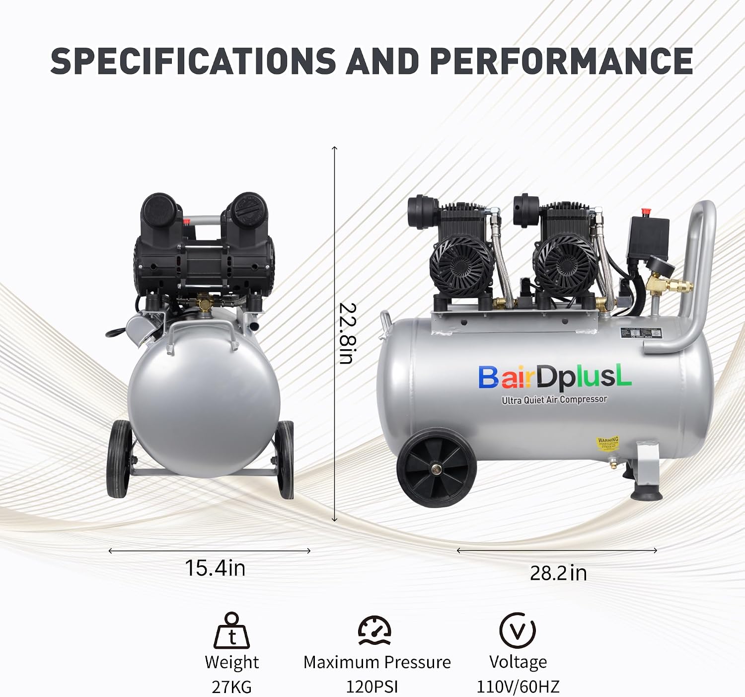 BairDplusL 14.5 Gallon Ultra Quiet Air Compressor 110V/60Hz 1.5HP 8.8CFM MAX 115PSI Steel Tanks Oil-Free 70dB Noise Level Light & Quiet Portable Air Compressor with Wheels for Auto Repair