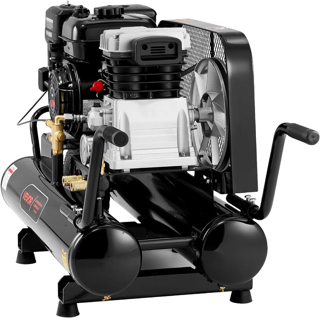 VEVOR 9 Gallon Twin-Tank Gas Powered Air Compressor, 6.5HP 9CFM Gas Driven Air Compressor Tank on Wheels, Max 115PSI Piston Pump Air-Compressed System for Tire Inflation, Auto Repairs, Spray Painting