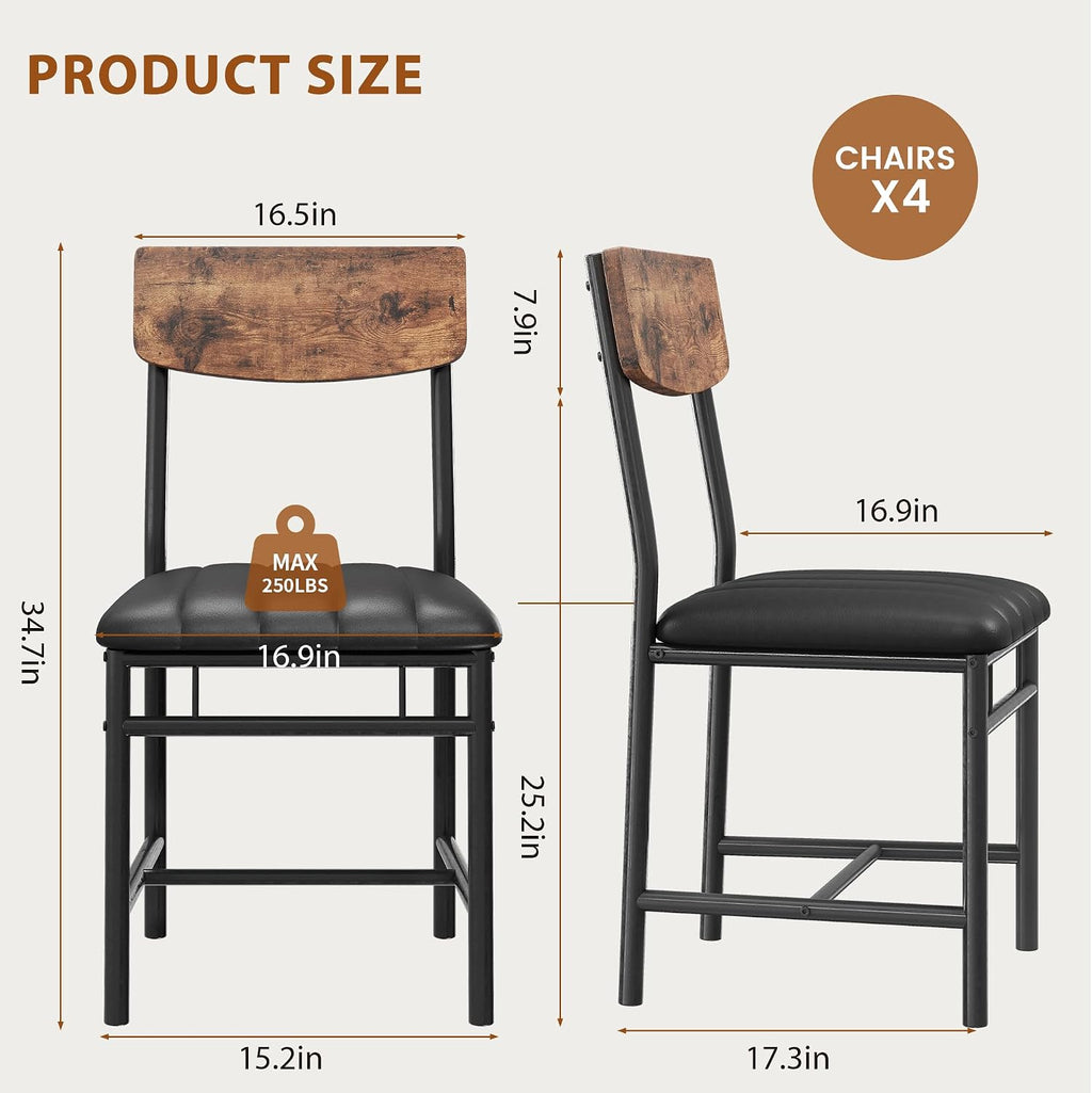 Jocoevol Industrial Dining Chairs Set of 4 - Upholstered Dining Room Chairs with PU Leather, Kitchen Chairs with Wooden Backrest and Thickened Metal Legs, for Dining Room, Living Room（Rustic Brown）
