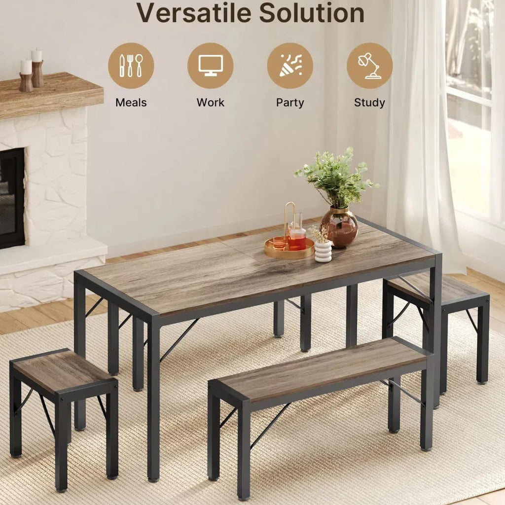 Gizoon 63' Dining Room Table Set for 6, Kitchen Table with 2 Benches and 2 Stools, Dining Table Set with Metal Frame, Space-Saving Kitchen Table Set for Apartment, Grey