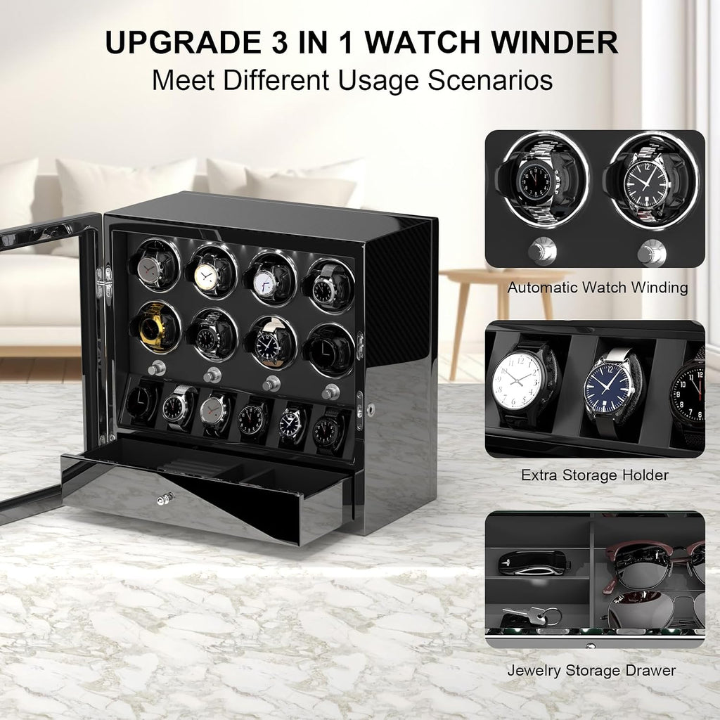 DUKWIN Watch Winder for 4/6/8 Automatic Watches, Lockable Winders with Watch Holders and Jewelry Storage, Super Quiet Motor with High-Gloss Finish, Built-in Illumination