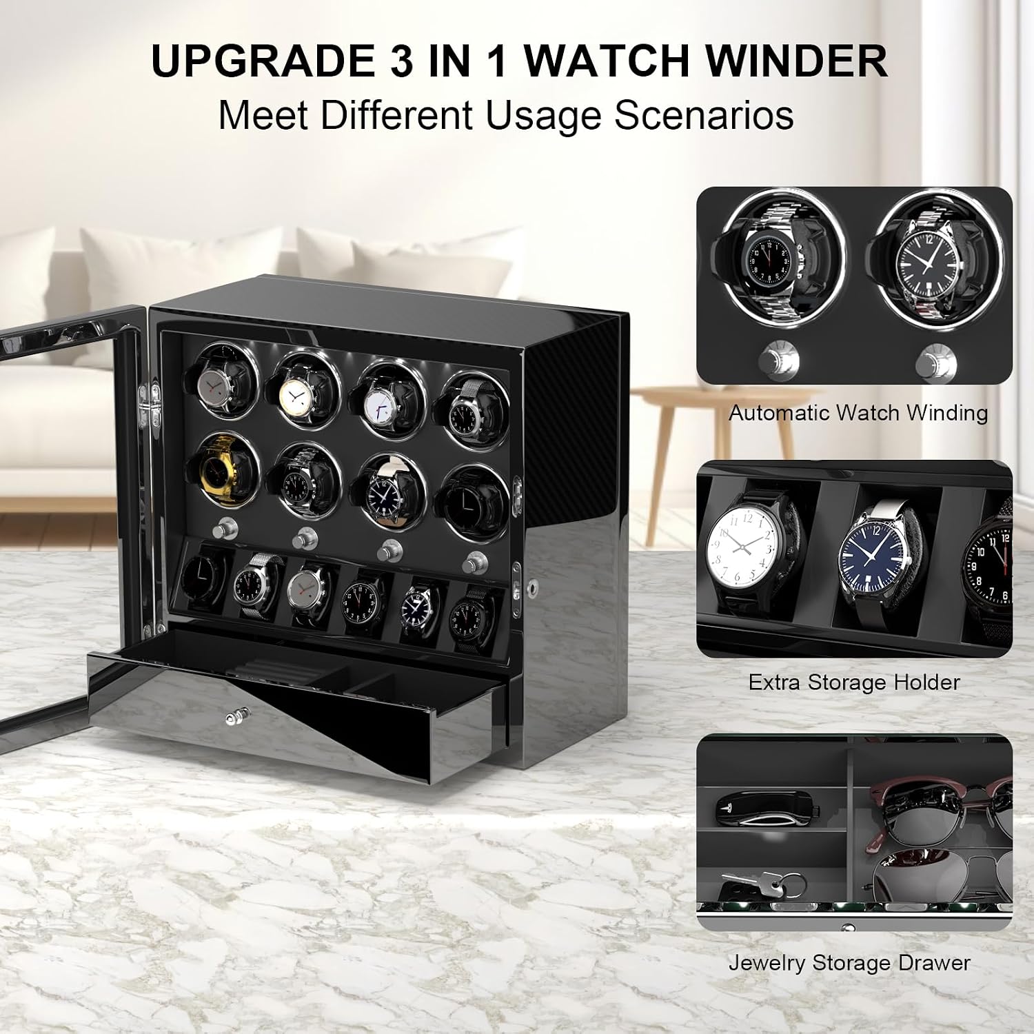 DUKWIN Watch Winder for 4/6/8 Automatic Watches, Lockable Winders with Watch Holders and Jewelry Storage, Super Quiet Motor with High-Gloss Finish, Built-in Illumination