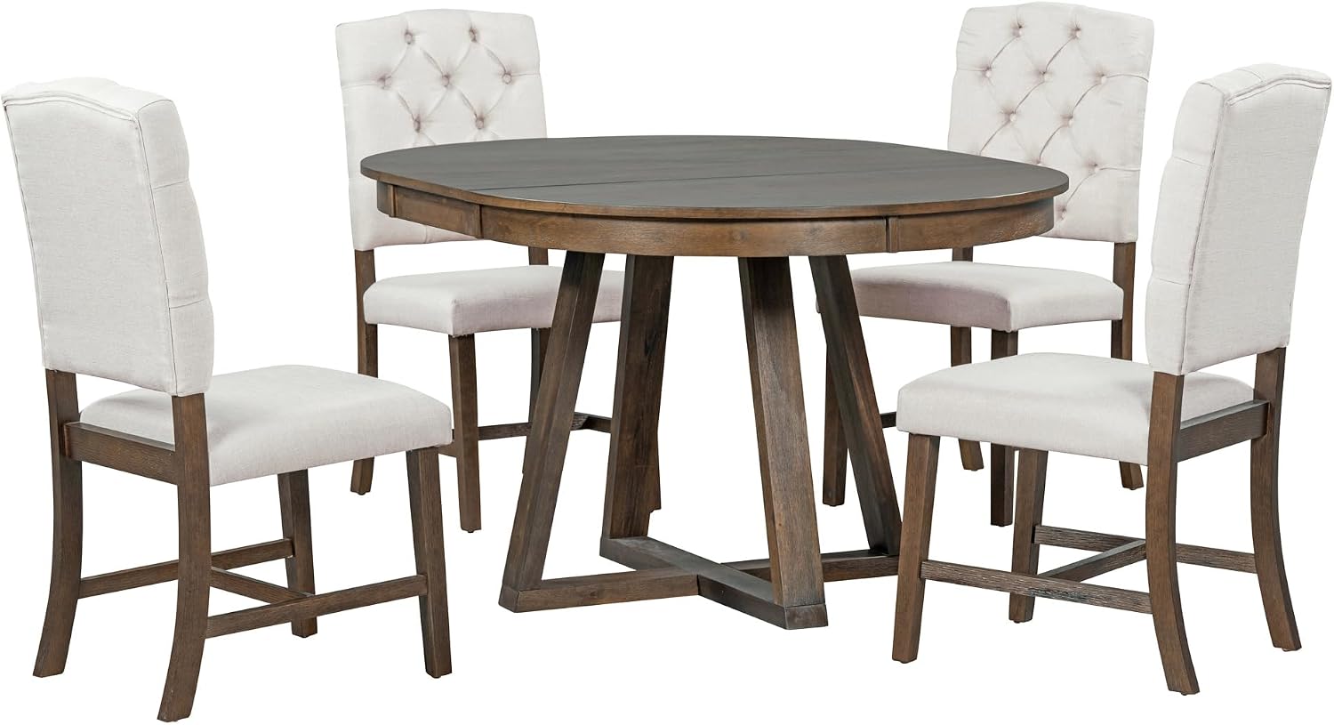 LUMISOL Round Dining Table Set for 4, Farmhouse Extendable Kitchen Table Set with 4 Upholstered Chairs, Solid Wood Table and Chairs Set for Kitchen, Dining Room, Living Room, Beige+Walnut