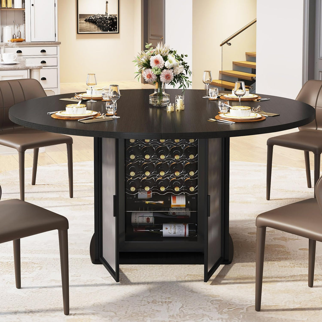 IBF Black Round Dining Table for 4-6, 47' Kitchen Table with Fridge Space, Modern Dining Room Tables with Storage, Industrial Wood Dinner Tables for Home Kitchen Living Room, Black Oak, Only Table