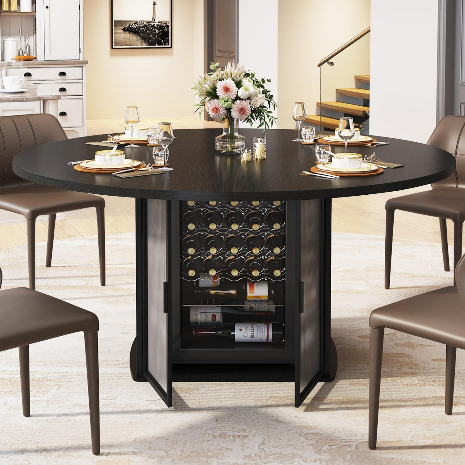 IBF Black Round Dining Table for 4-6, 47' Kitchen Table with Fridge Space, Modern Dining Room Tables with Storage, Industrial Wood Dinner Tables for Home Kitchen Living Room, Black Oak, Only Table