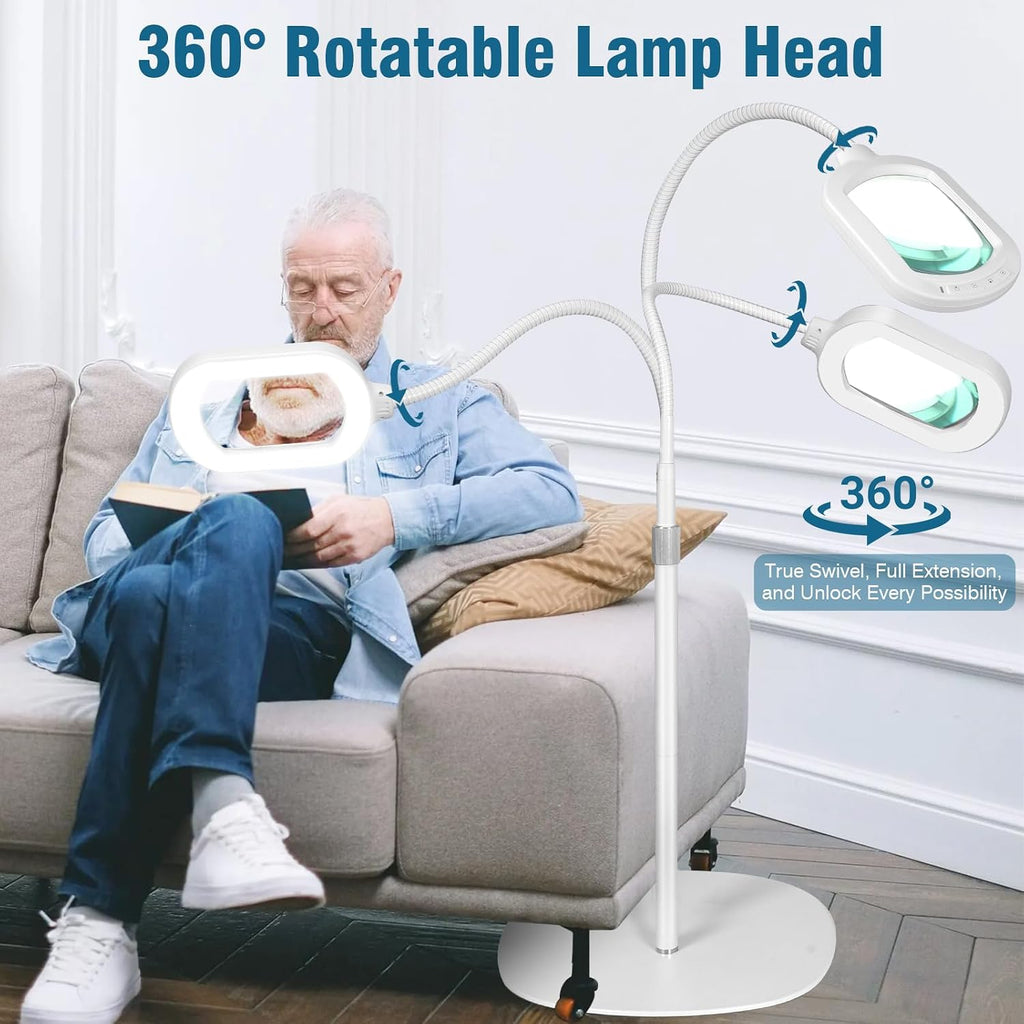 Large Magnifying Glass with Light and Stand, 10X Rectangle Optical Real Glass Lens, Height Adjustable Gooseneck Magnifier Floor Lamp, 5 Color Modes LED Dimmable Lighted Hands Free for Crafts - White
