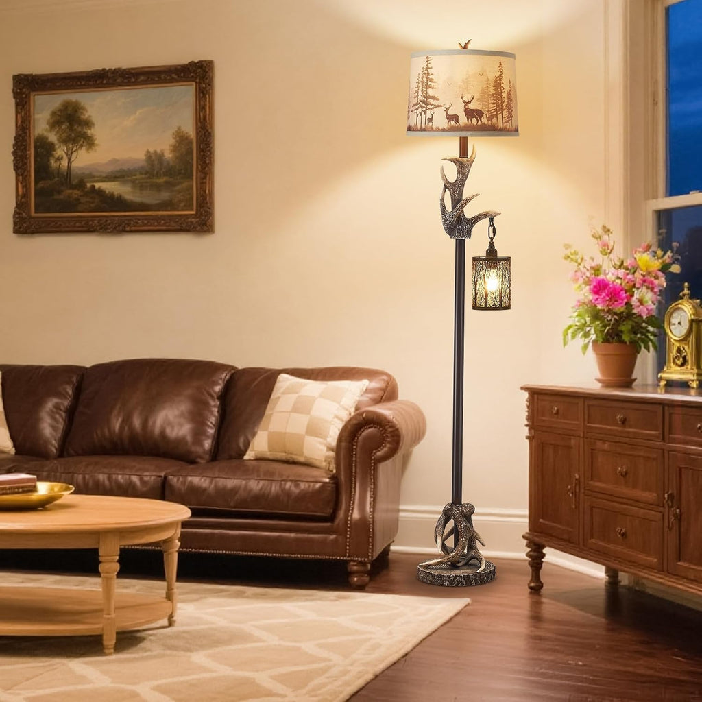Rustic Deer Antlers Floor Lamps with Forest-Style Nightlight Finish Shade Lamps, Vintage Farmhouse Antlers Floor Lamp for Living Room Bedroom Office Study House (Bulbs Included)