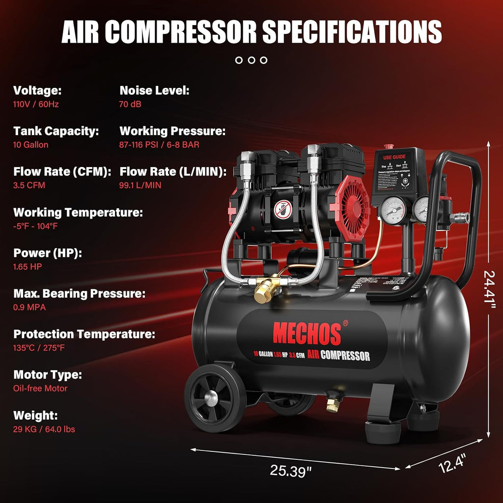 Portable Air Compressor with 10 Gallon Steel Tank, 1.65 HP 3.5 CFM @ 90 PSI, 116 Max PSI Oil-Free Air Compressor for Garage, Home Use, Tire Inflation, Nail Gun, DIY Projects,110V
