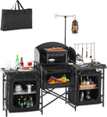 VEVOR Camping Kitchen Table, Outdoor Camp Cooking Table, Aluminum Portable Cook Station with 3 Storage Cupboard, Carrying Bag, Detachable Windscreen, Quick Set-up for BBQ Party Picnic RV Travel, Black