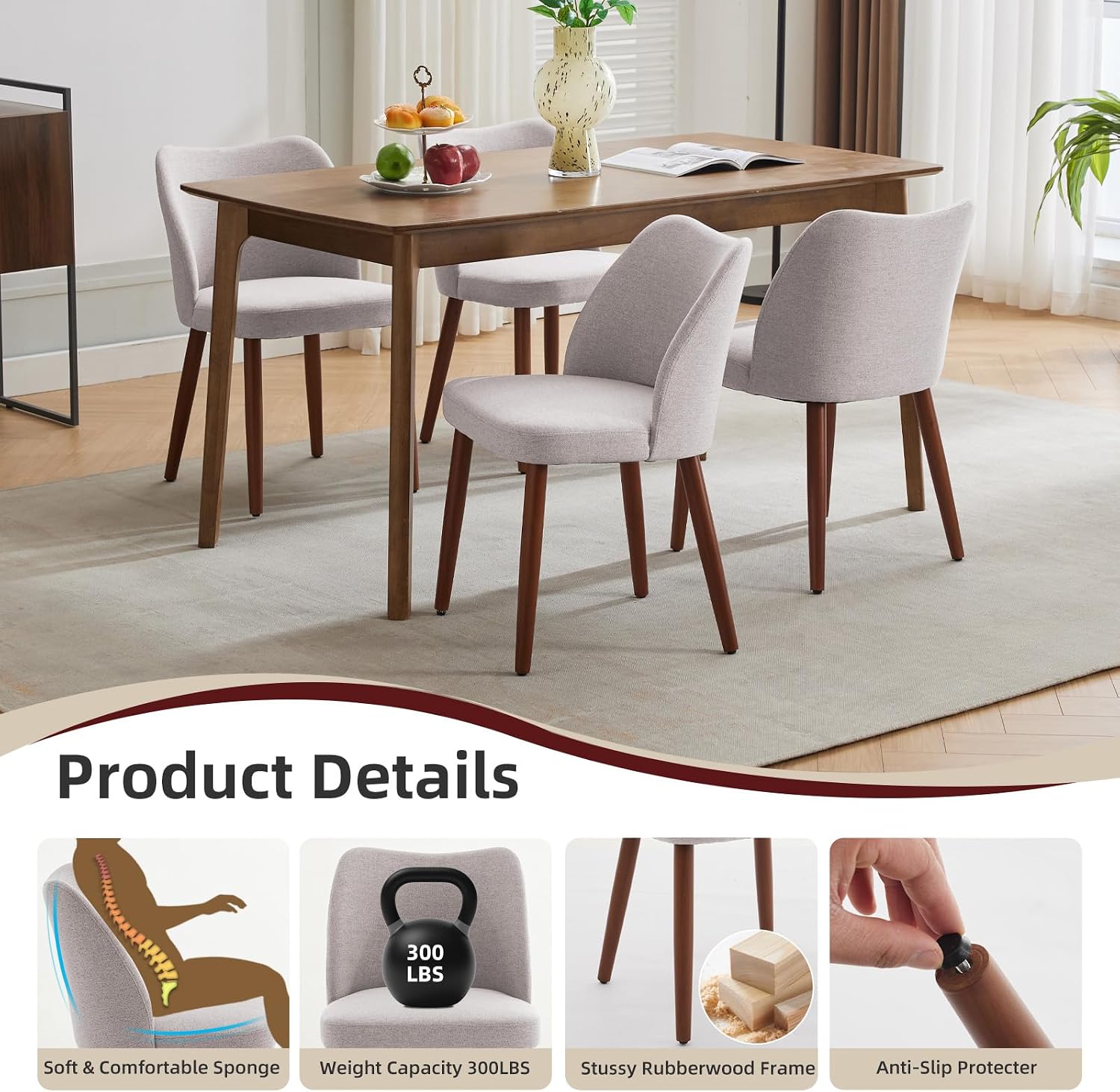 GarveeHome Linen Dining Chairs Set of 4 Upholstered Fabric Dining Chair with Wood Legs, Wing Backrest, Wooden Kitchen Chairs with Thick Cushions, Leveling Feet for Dining Room, Living Room, Light Grey