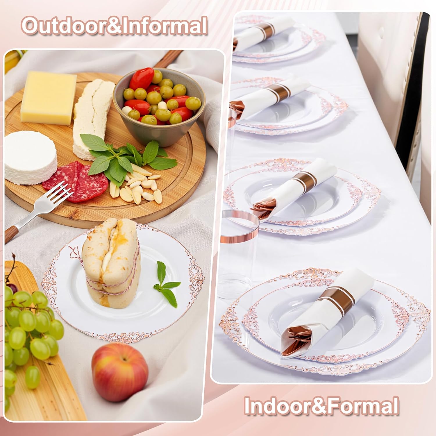Nervure 700PCS Rose Gold Plastic Plates - Rose Gold Plastic Dinnerware Sets for 100 Guests - 200 White Disposable Plates, 300 Silverware, 100 Cups, 100 Napkins for Wedding & Party