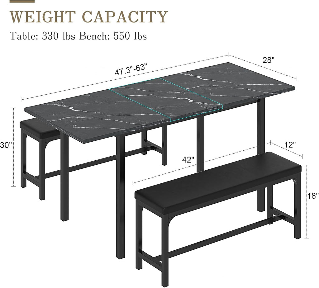 VECELO 3-Piece 63' Extendable Kitchen Table with Benches/Chairs, Modern Breakfast Dinette/Dining Room Set for 4/6/2, Small Space Saving Design, Easy Assembly