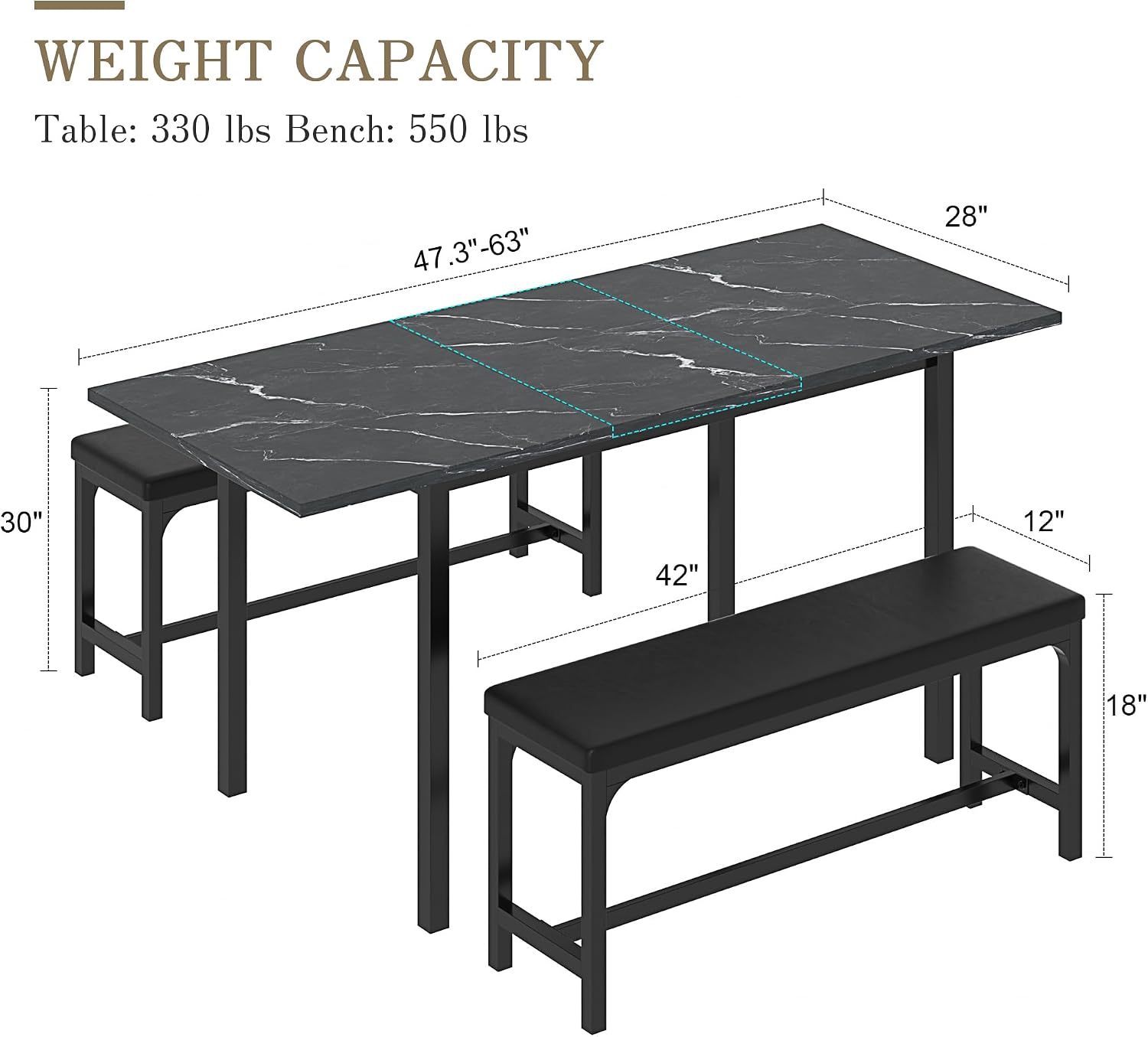 VECELO 3-Piece 63' Extendable Kitchen Table with Benches/Chairs, Modern Breakfast Dinette/Dining Room Set for 4/6/2, Small Space Saving Design, Easy Assembly