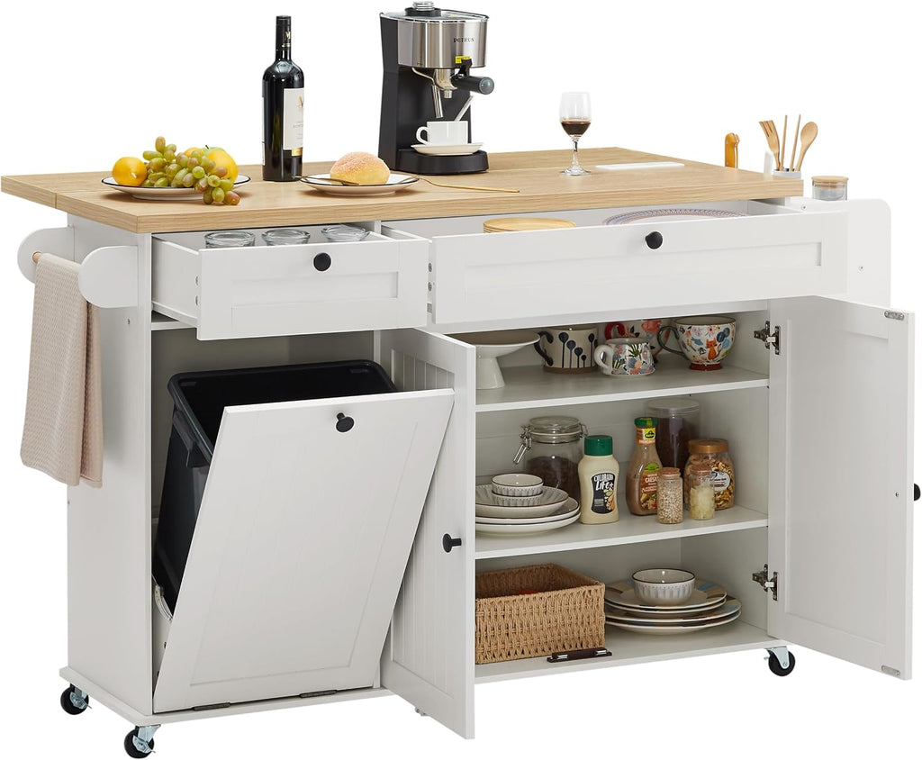 60' Kitchen Island with Power Outlet & Drop Leaf, Kitchen Rolling Island with Spice Rack & Towel Rack, Knife Holder, Kitchen Island Cart with Trash Storage Cabinet, Mobile Island Table for Kitchen