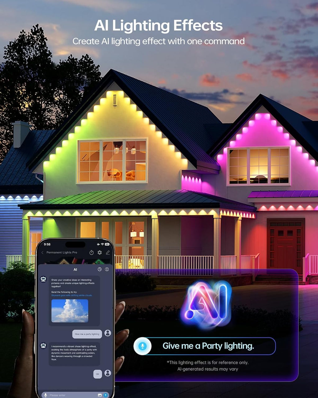 ASAHOM AI Permanent Outdoor Lights S107B, 100FT with 72 RGBCW LED Lights, 30,000 Lighting Effect, Controller with Dual Output, Extend to 800FT, Cuttable for House Outdoor Decor Daily Lighting, Black