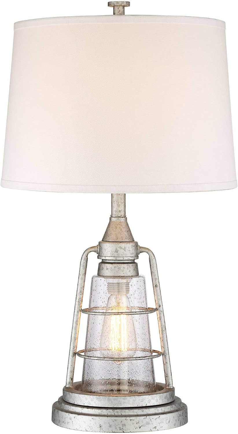 Franklin Iron Works Fisher Nautical Table Lamp with Nightlight Antique LED Edison Bulb 28.75' Tall Full Size Galvanized Finish Metal Cage Drum Shade Decor for Living Room Bedroom House Bedside