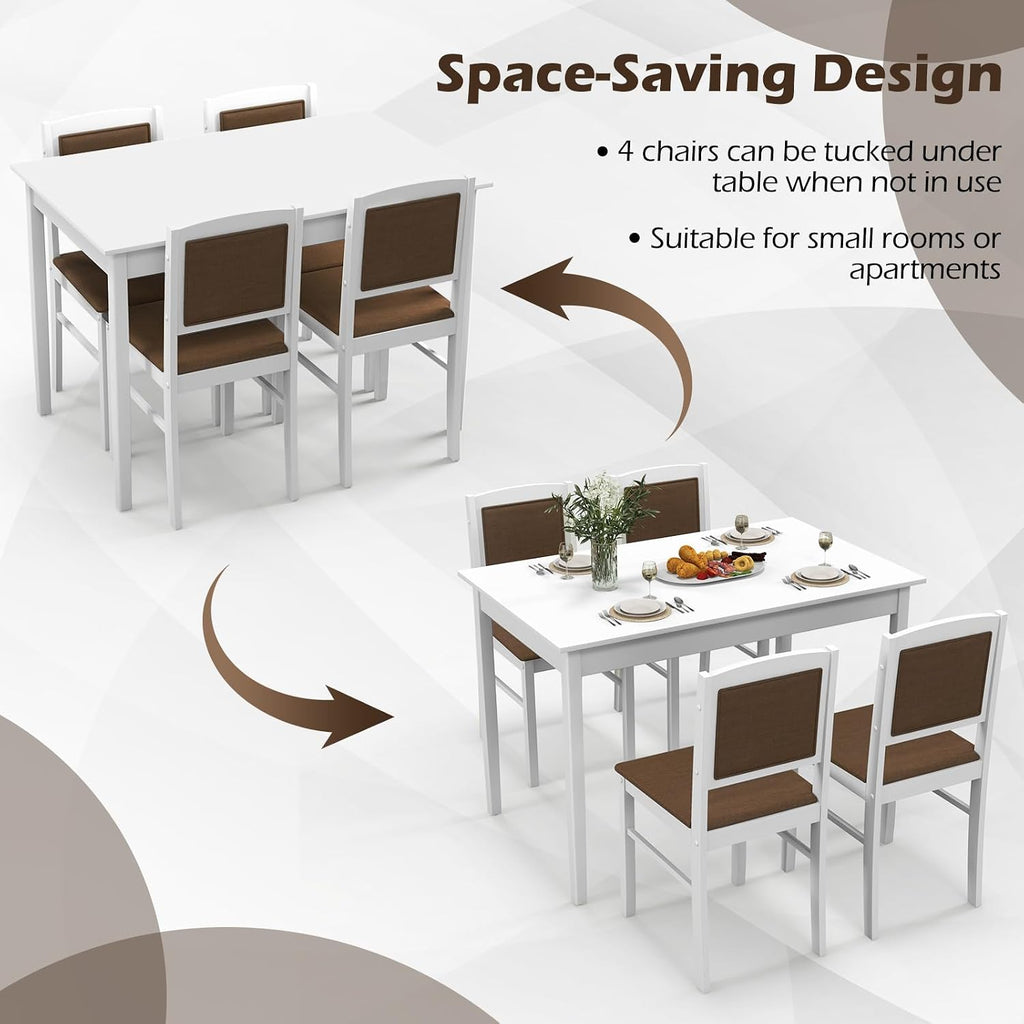 Tangkula Dining Table Set for 4, Farmhouse Solid Wood Dinette Set w/Rubber Wood Legs, Upholstered Seat & Padded Backrest, Mid-Century Modern Dining Table and Chairs Set for Kitchen, Dining Room