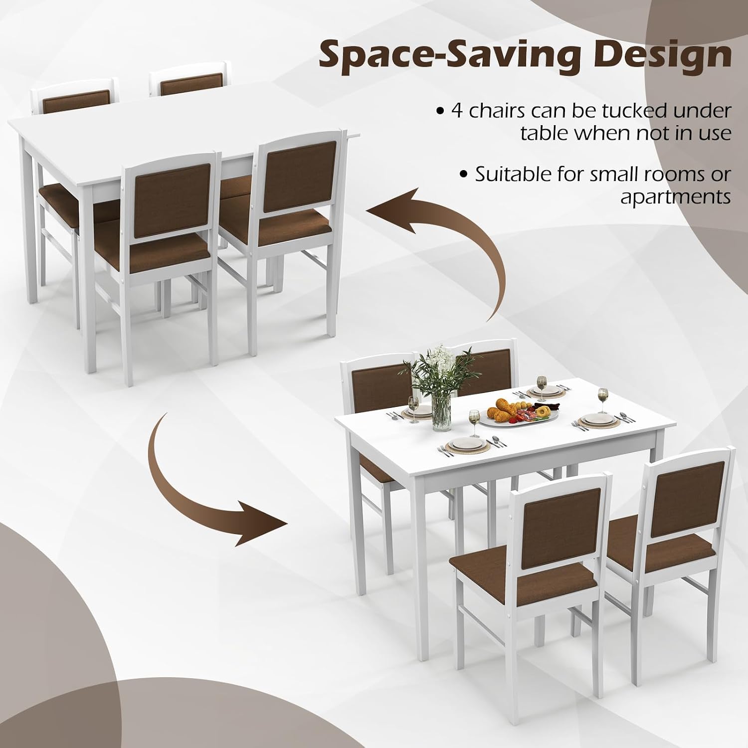 Tangkula Dining Table Set for 4, Farmhouse Solid Wood Dinette Set w/Rubber Wood Legs, Upholstered Seat & Padded Backrest, Mid-Century Modern Dining Table and Chairs Set for Kitchen, Dining Room