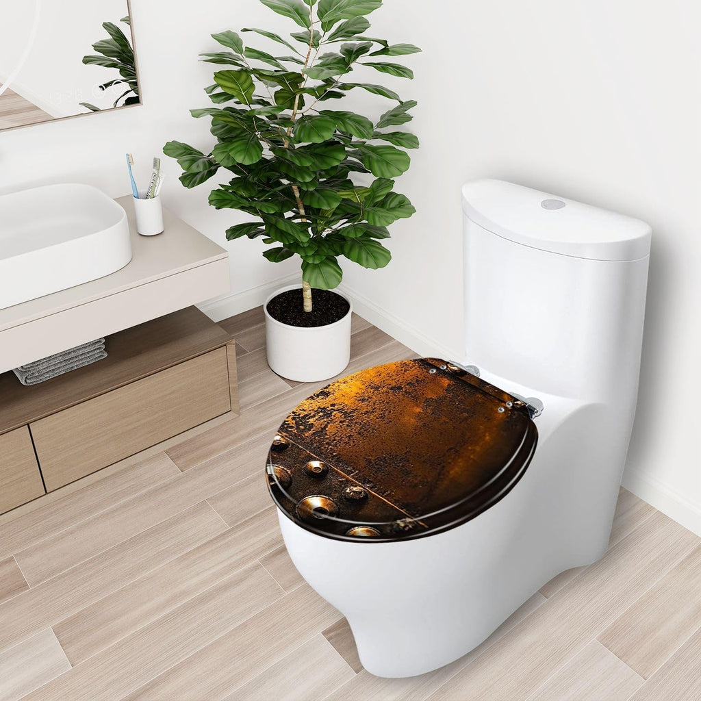 Round Toilet Seat Scratched Copper Rivets Resin Toilet Seat Slow Quiet Close with Quick-Release Hinges Toilet Seat with Cover Easy to Clean Install