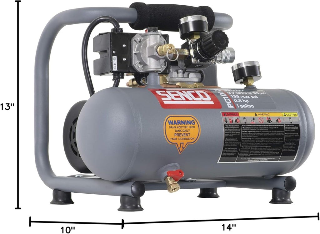 SENCO PC1010 1/2-Horsepower 1-Gallon Finish and Trim Hot Dog Air Compressor Portable Tire Inflator For Car