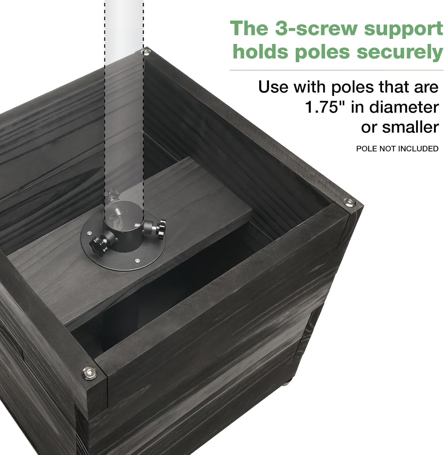 Extra Large Decorative Wooden Planter w/ Universal Pole Support for String Light Poles, Umbrellas, Bird Feeders. Solid Wood Outdoor Garden Box for Plants(Does not include Pole), 17'x17'x18', Black