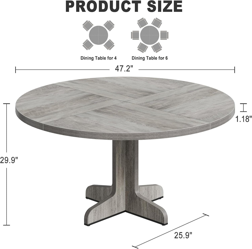 IDEALHOUSE Round Dining Table for 4, 47 Inches Dining Room Table with Wooden Base, Circle Kitchen Dinner Table for Dining Room, Kitchen, Living Room (Table Only), Grey