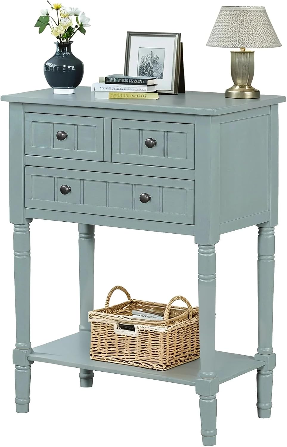 LKTART Solid Wood Sofa Table,Console Table with Drawers and Bottom Shelf, Entryway Hallway Foyer Entry Table for Living Room(23.7' Light Blue)