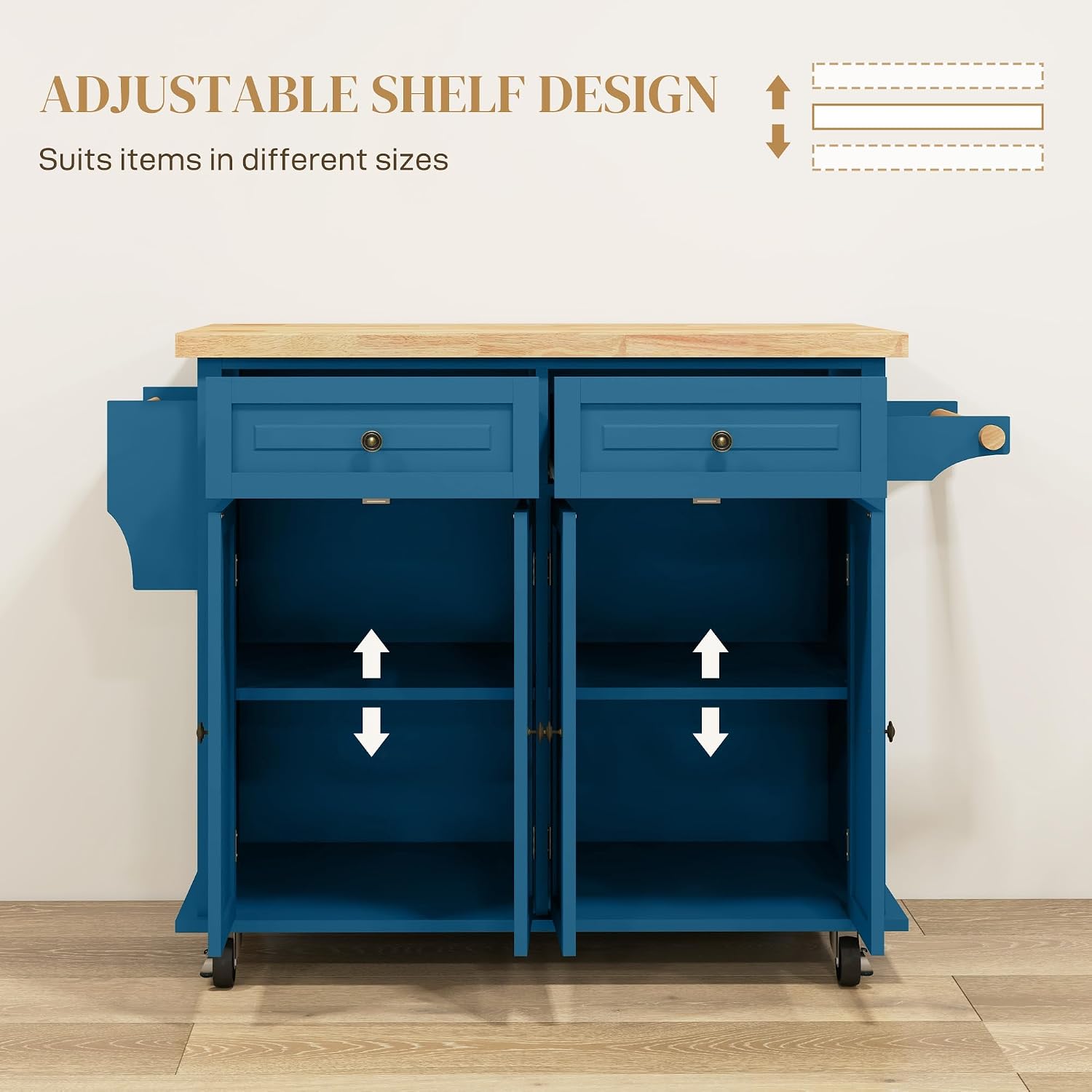 HOMCOM Kitchen Island Cart with Solid Wood Top, 44' Mobile Kitchen Island Table on Wheels with Storage Cabinets, 2 Drawers, Adjustable Shelves, Spice Rack & Towel Bar for Dining Room, Turquoise