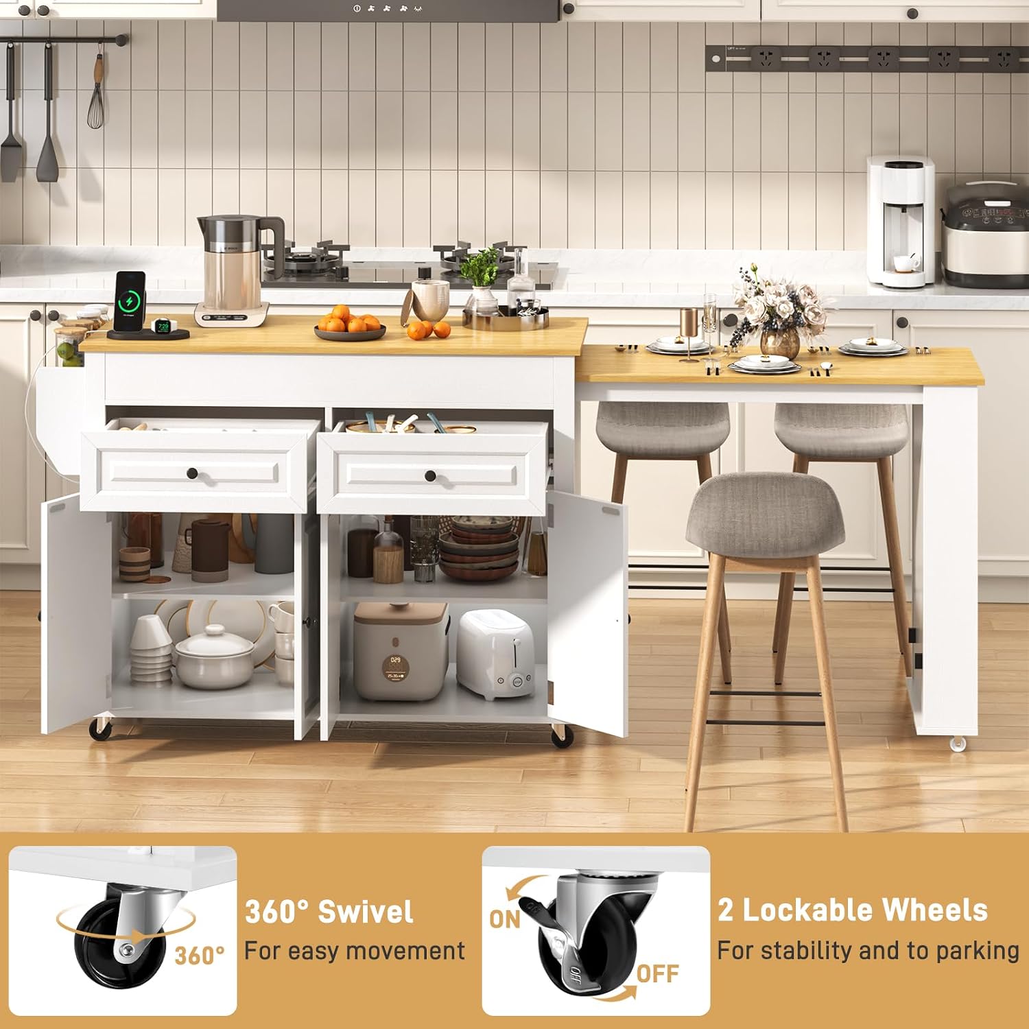 80'-48' Extendable Kitchen Island with Extended Dining Table and Power Outlet,Large Mobile Kitchen Storage Islands with 2 Storage Drawers,Rolling Islands Cart with 3 Extra Rows Open Shelves(White)