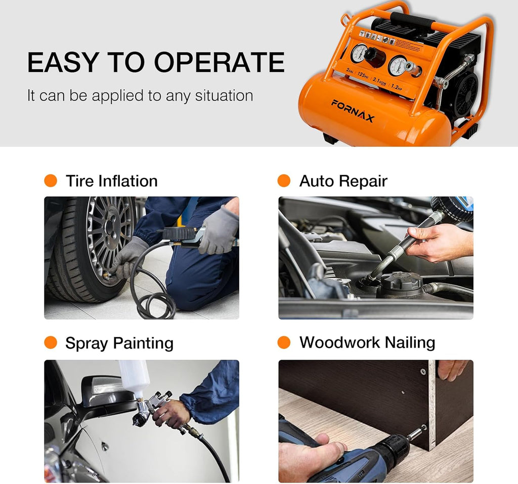 FORNAX Air Compressor Portable 2 Gallon, 1.2 HP 2.1 SCFM@ 90 PSI Oil Free, Max Pressure 135 PSI, 65 dB Silent Air Compressor for Auto Repair, Tire Inflation, Airbrushing, Nailing