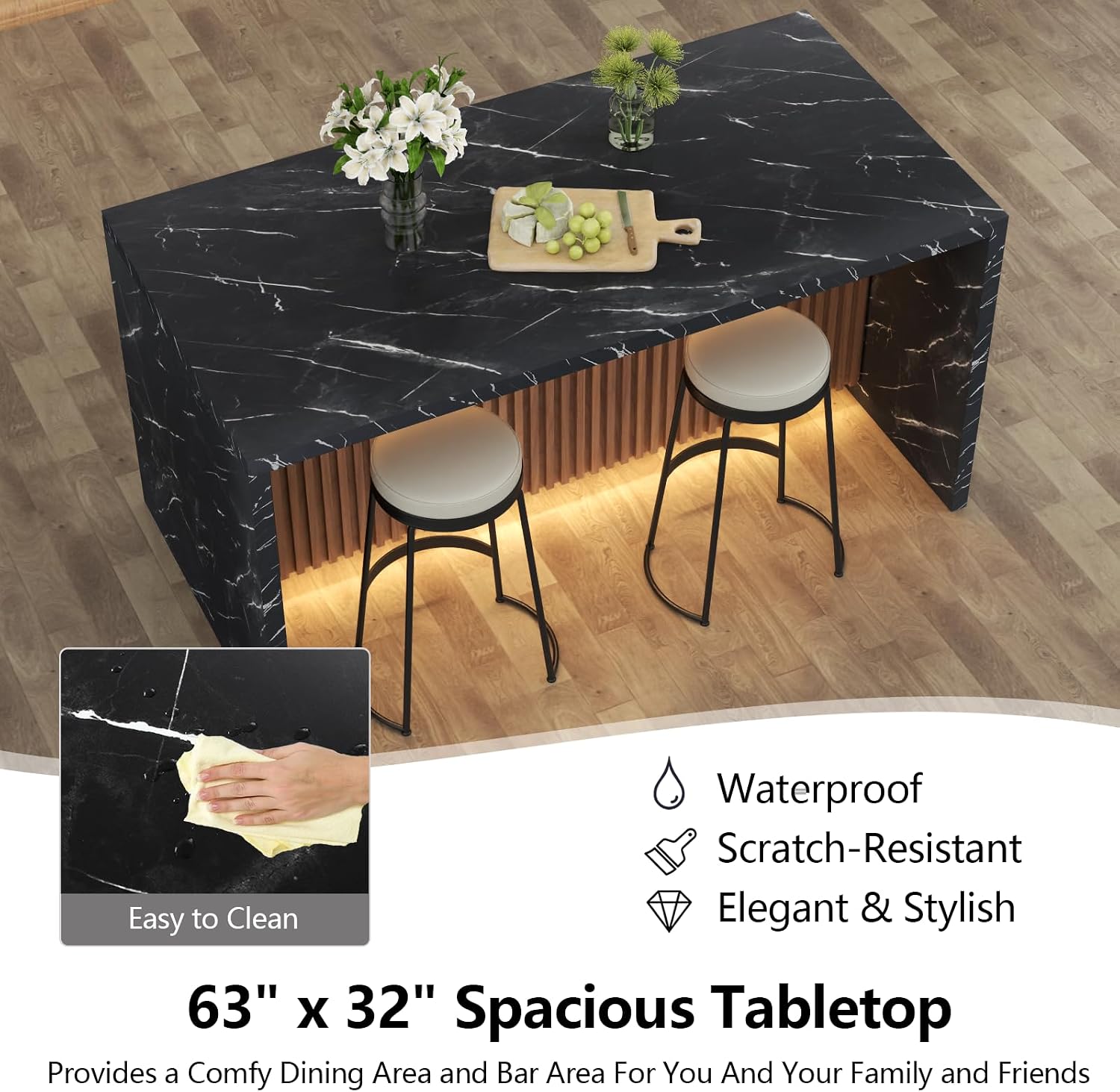 63' Large Imitation Marble Dining Table for 4-6 People(Patent Pending),Island Table with LED Lights,Mordern Marble Stripes Kitchen Dining Table with Grille design for Dining Room,Living Room (Black)
