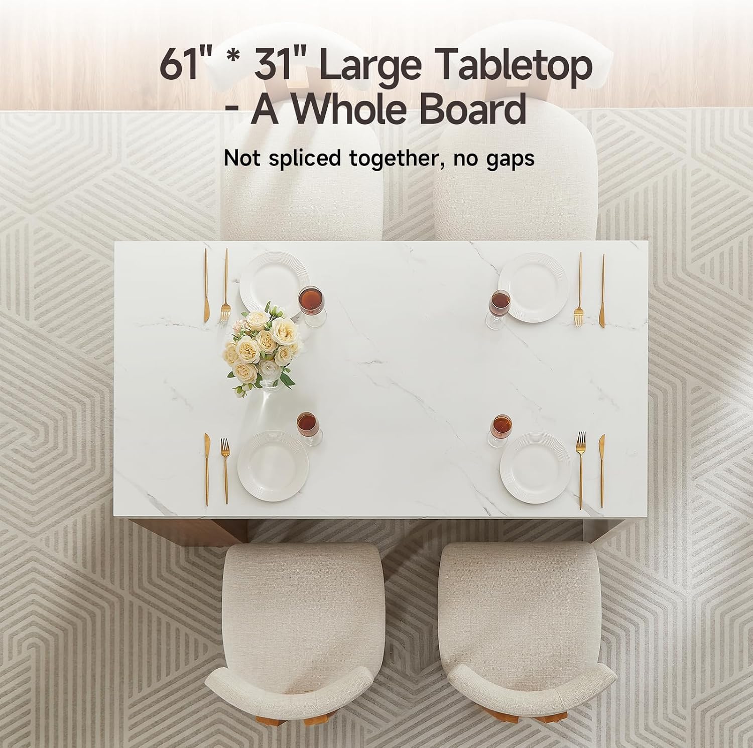 ONBRILL 61'*31' Whole Board of Tabletop Kitchen Island Table with Storage Space, Power Outlet & LED Lights, Modern Imitation Marble Large Counter Height Dining Table for 4 (White)