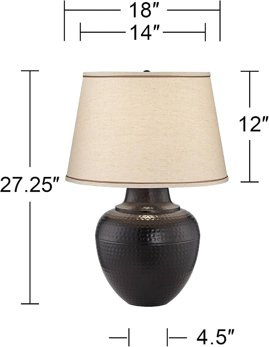 Barnes and Ivy Brighton Rustic Farmhouse Table Lamp 27 1/4' Tall with USB Dimmer Bronze Hammered Pot Beige Fabric Drum Shade for Bedroom Living Room House Home Bedside Nightstand Office Family