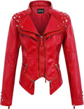 Women Lapel Rivets Decorated Waist Short Washed PU Leather Jacket