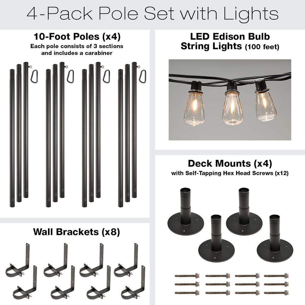 EXCELLO GLOBAL PRODUCTS Premium String Light Pole 4 Pack with 100' of LED Edison Bulb String Lights (Deck Mount)