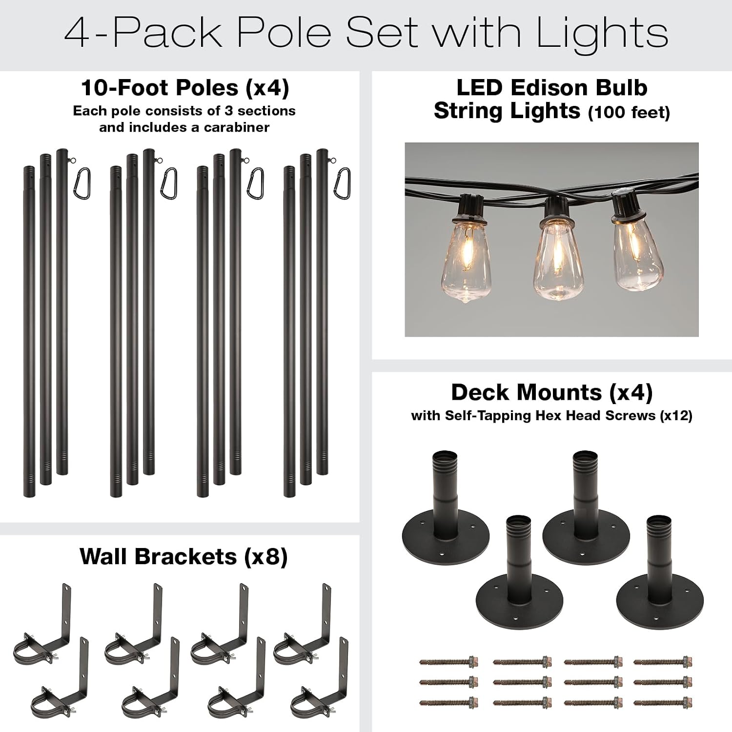 EXCELLO GLOBAL PRODUCTS Premium String Light Pole 4 Pack with 100' of LED Edison Bulb String Lights (Deck Mount)