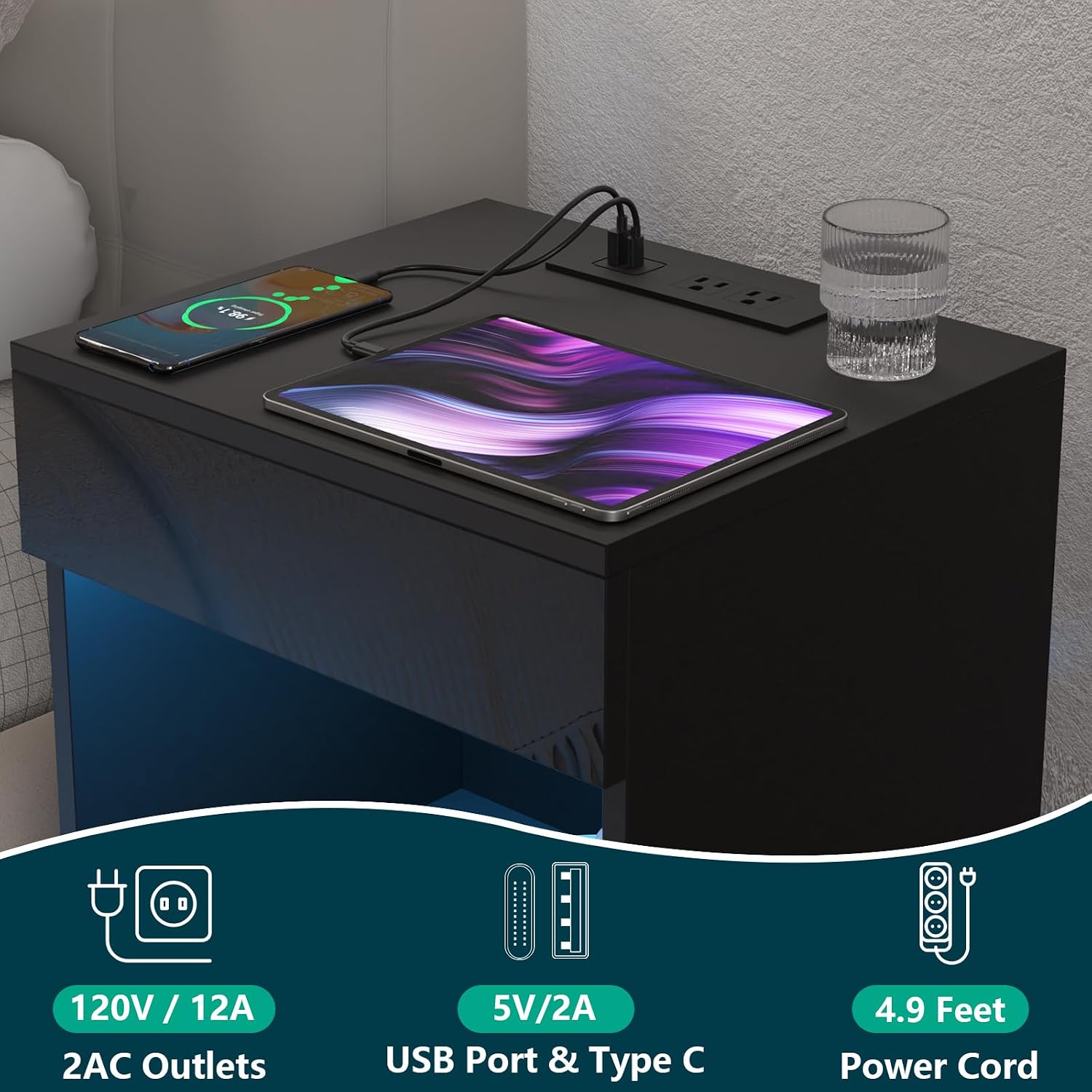 HOMMPA Set of 2 Open Shelf LED Nightstand with Charging Station 2 Drawers Bedside Table Black Night Stand with Storage Smart Nightstands High Gloss Night Table with Led Light for Bedroom Furniture