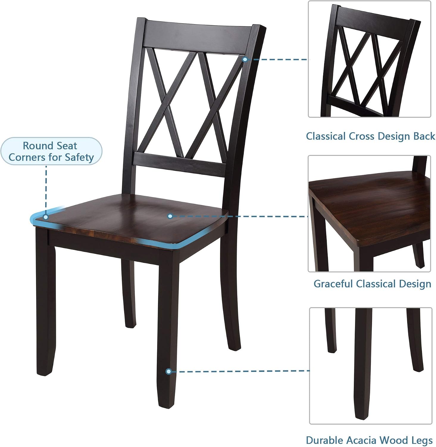 Harper & Bright Designs 5-Piece Wood Dining Table Set for 4, Kitchen Furniture Set with 4 High Back Dining Chairs for Small Places, Espresso+Black