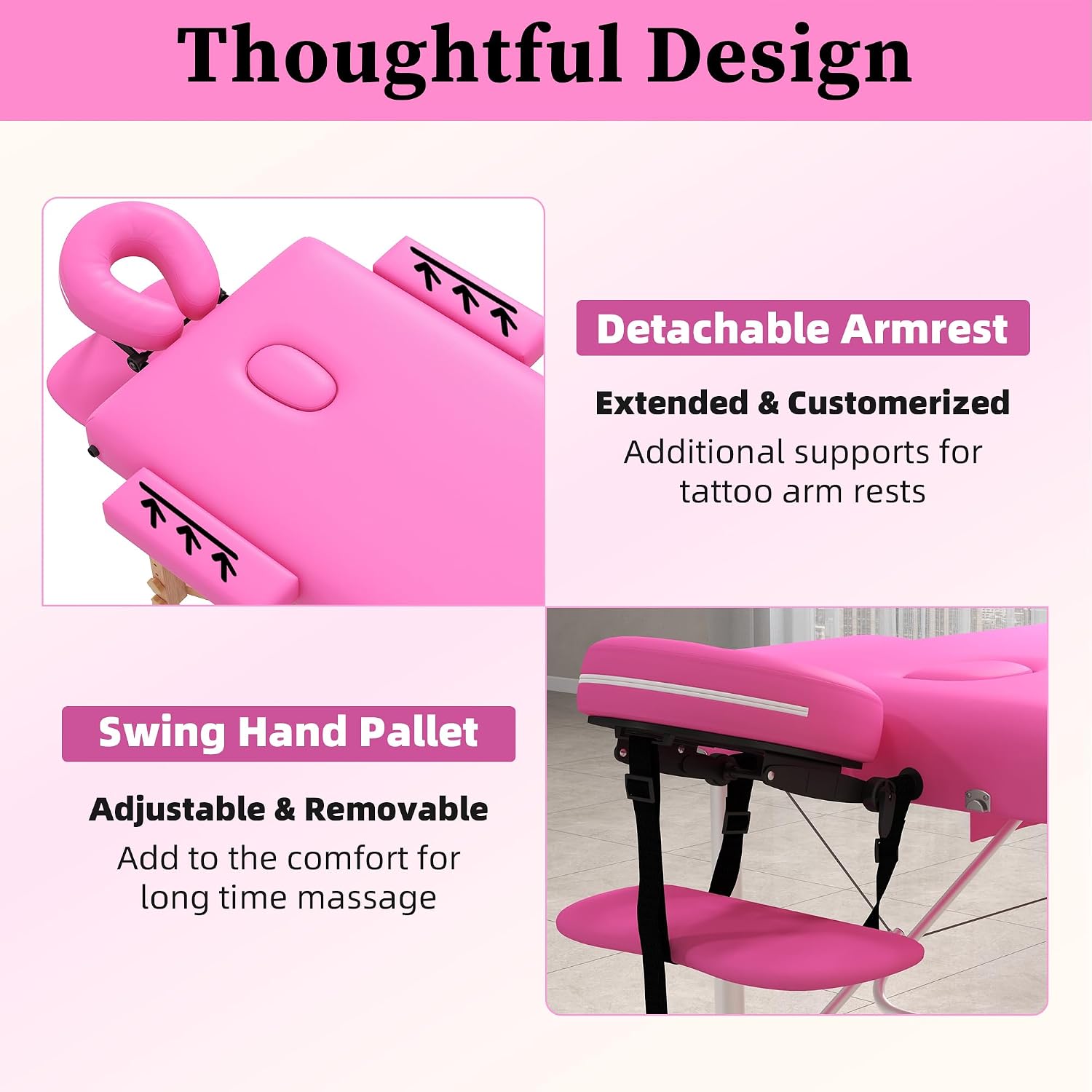 civama Massage Table Massage Bed Portable, 26 LBs Light Weight Foldable Tattoo Facial Care Spa Lash Bed Aluminum Frame with Accessories Carrying Bag, Pink