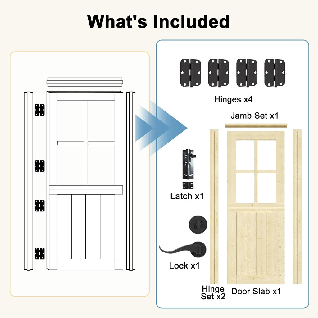 32' x 80' Exterior Prehung Dutch Entry Door (Front/Outside) - 1.75' Pine with 4-Lite Glass,Interior Doors Slab for Home Entryway/Back w/4 Hinges+1 Latch +1 Slab+1 Lock Set +1 Jamb