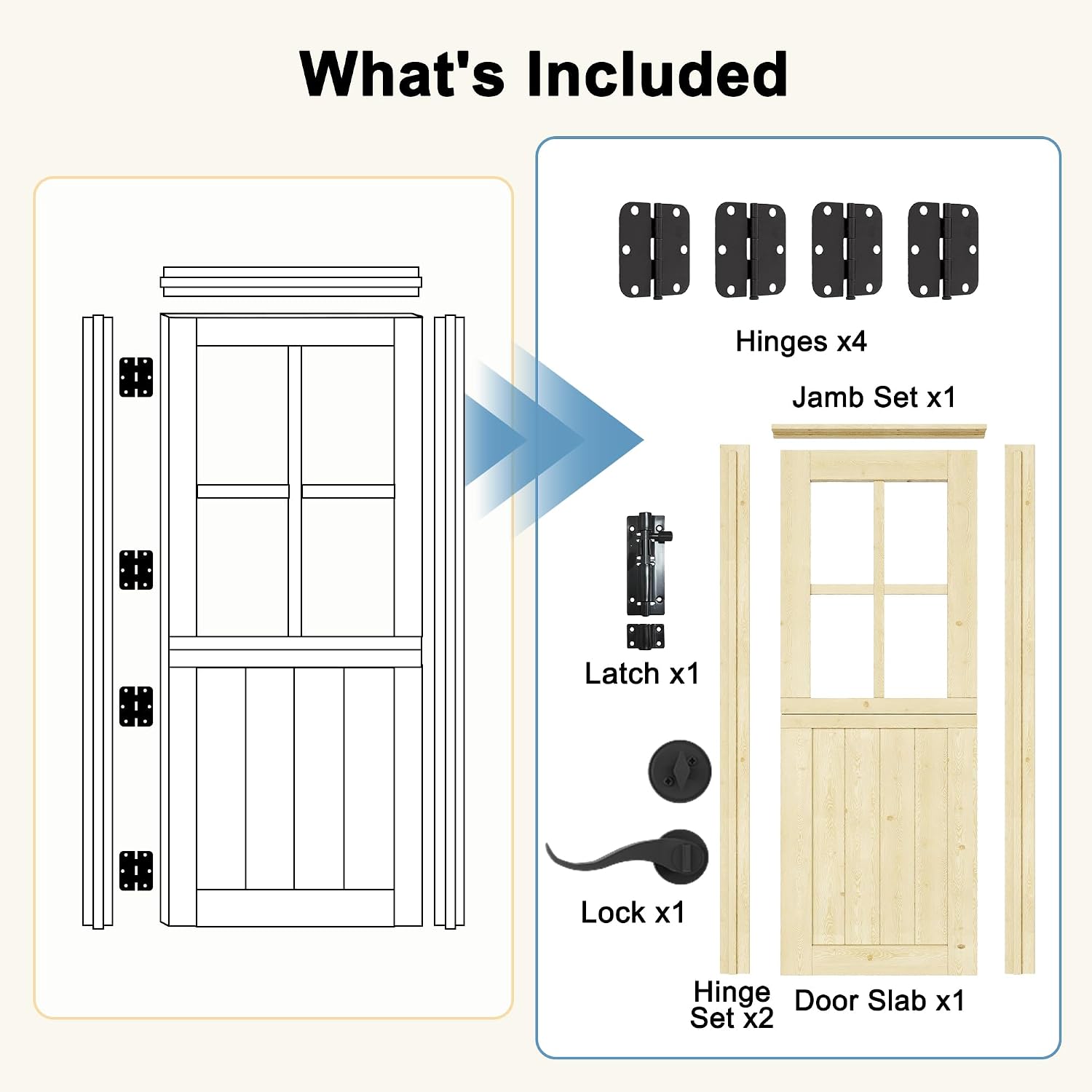32' x 80' Exterior Prehung Dutch Entry Door (Front/Outside) - 1.75' Pine with 4-Lite Glass,Interior Doors Slab for Home Entryway/Back w/4 Hinges+1 Latch +1 Slab+1 Lock Set +1 Jamb